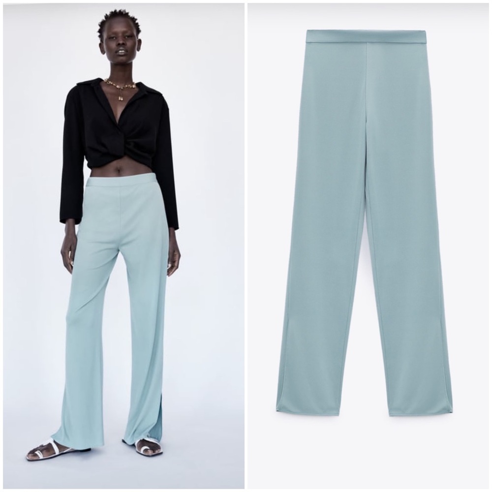 𝗡𝗪𝗧 𝗭𝗮𝗿𝗮 • Flowy Pants High-Waist Straight Leg Side Slits Blue S